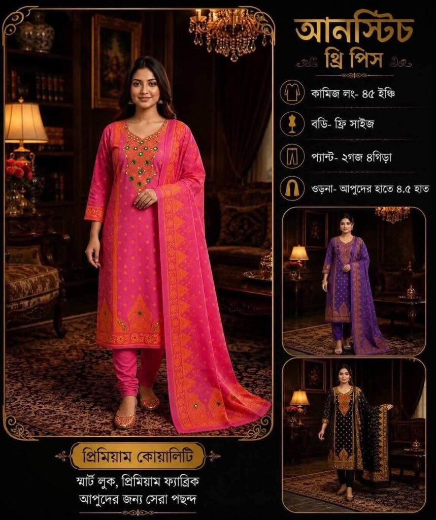 মাত্র ১২০০ টাকায় ৩ সেট  বুটিকস থ্রি-পিস